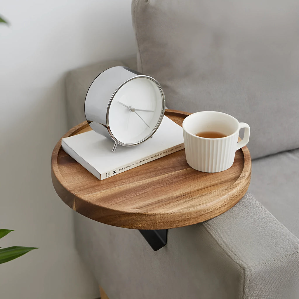 Wooden removable round tea cup tray bracket clipped on a sofa armrest, Acacia Mangium style finish