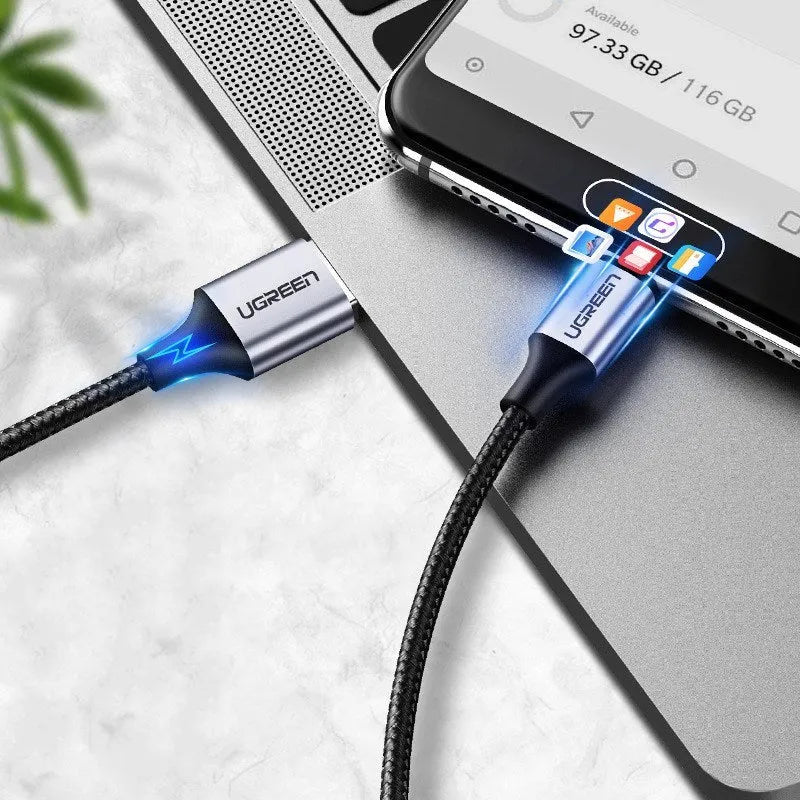 UGreen nylon braided USB Type-C to USB-A fast charging cable with alloy connectors on a white background.