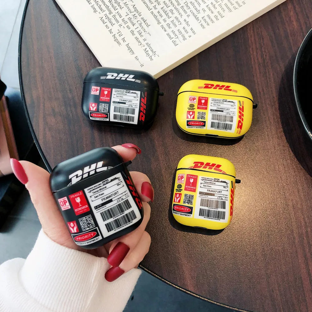 DHL branded TPU silicone protective case for Apple AirPods 1, 2, and 3 in black and yellow colour options