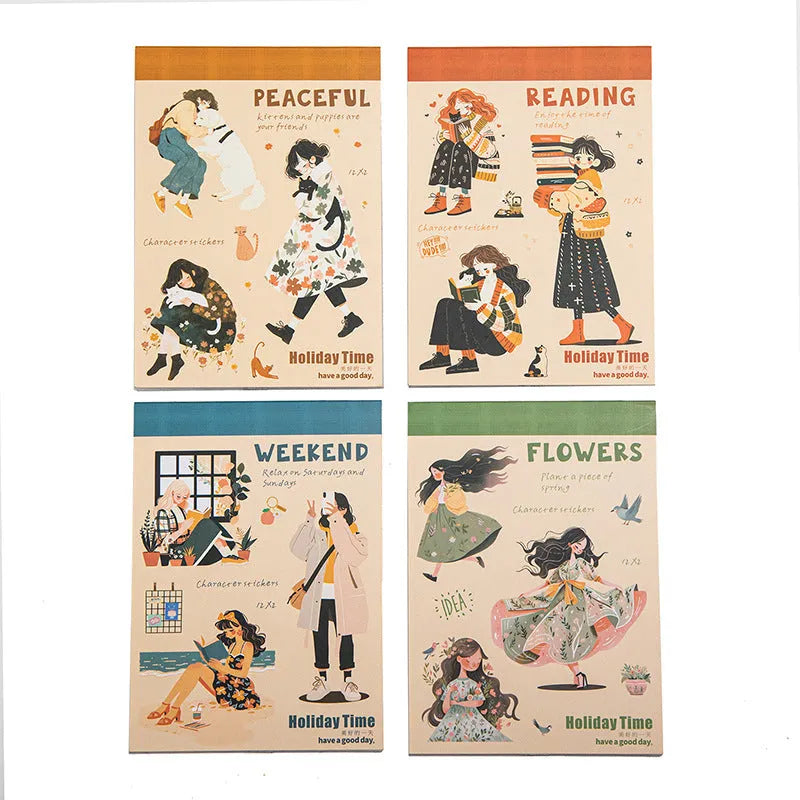 Double material retro sticker book with character and landscape printed motifs in quiet reading time style