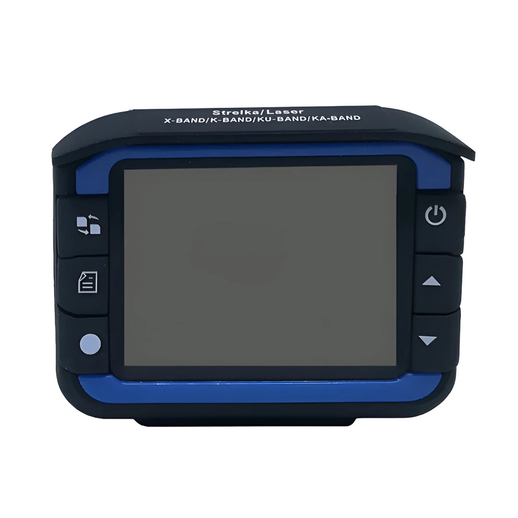 Electronic Dog two-in-one dashcam and radar detector in blue, 140° wide-angle lens, under rearview mirror mount