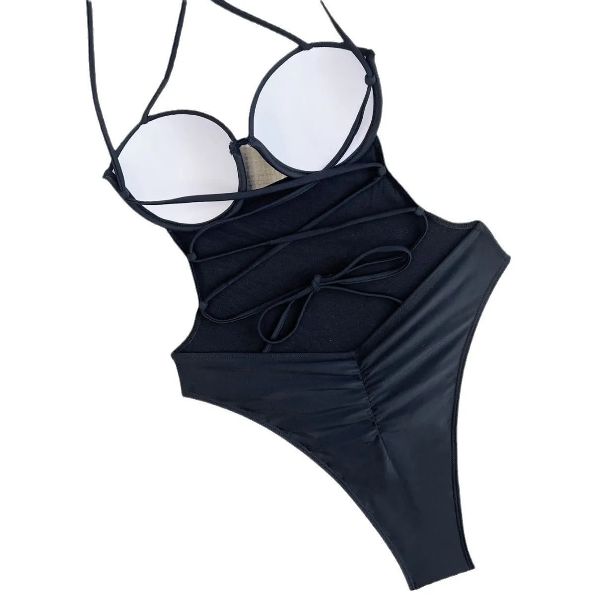Black solid colour one-piece swimsuit for women on a hanger