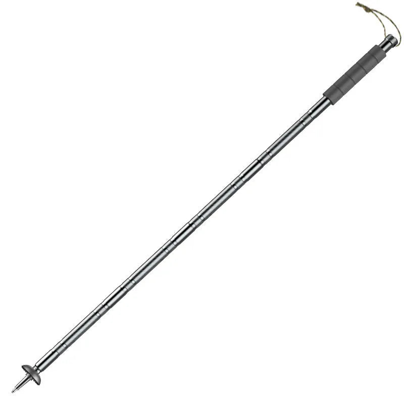 Dark grey adjustable aluminium alloy trekking pole with tactical knife and multi-tool accessories
