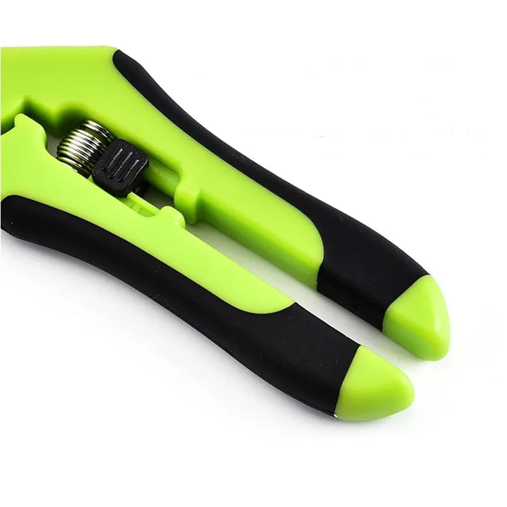 Green garden pruning scissors with stainless steel blade, 16.5 cm long, on a white background