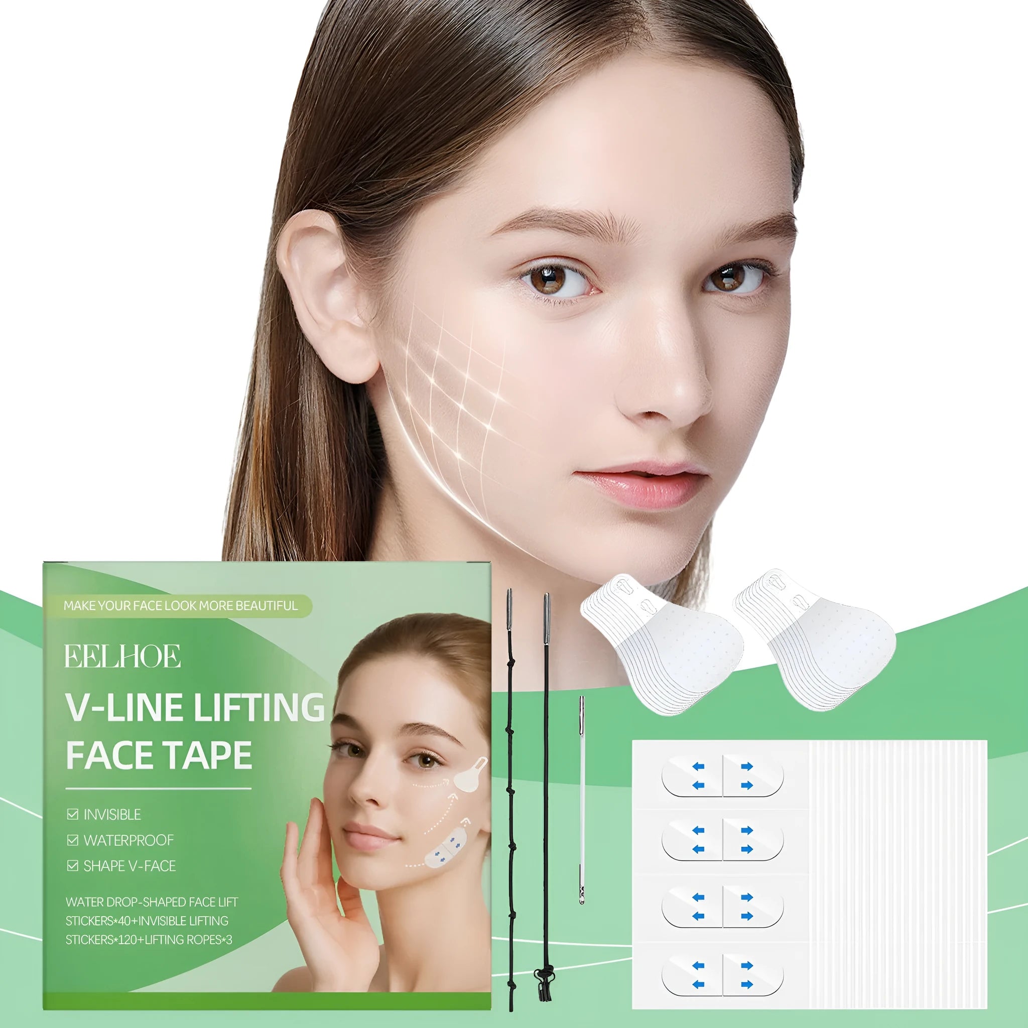 Invisible face lift tape patches and black lifting ropes with hook closures for facial firming