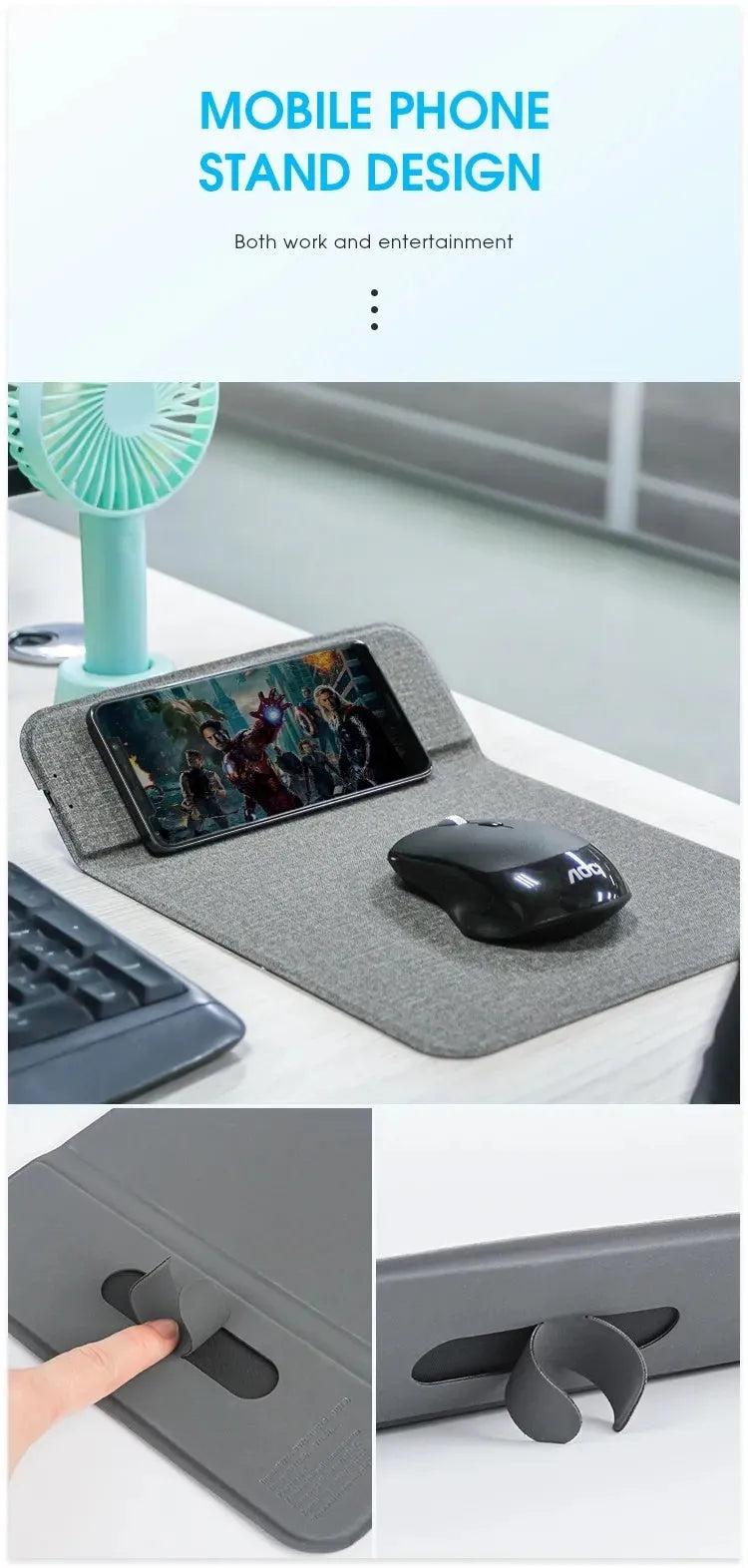 Grey foldable cloth phone holder open in stand mode, wirelessly charging a smartphone.