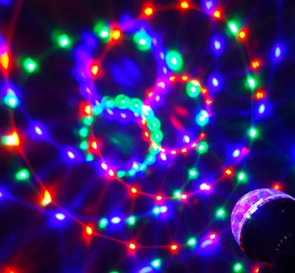 LED colourful rotating magic ball light with 6 RGB beads and lamp holder on a table