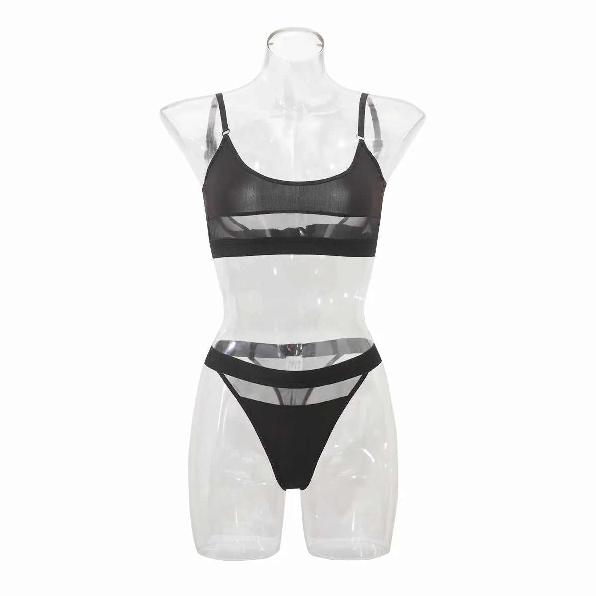Black women's full cup bra and knicker set with adjustable straps on a white background