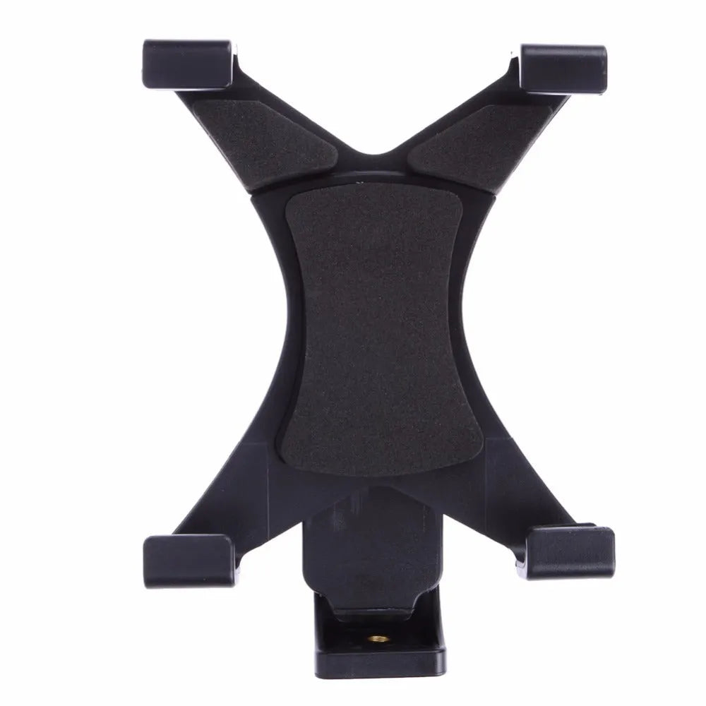 Black ABS tablet stand with 1/4 inch screw mount, adjustable width 12.5-20cm, on a tripod