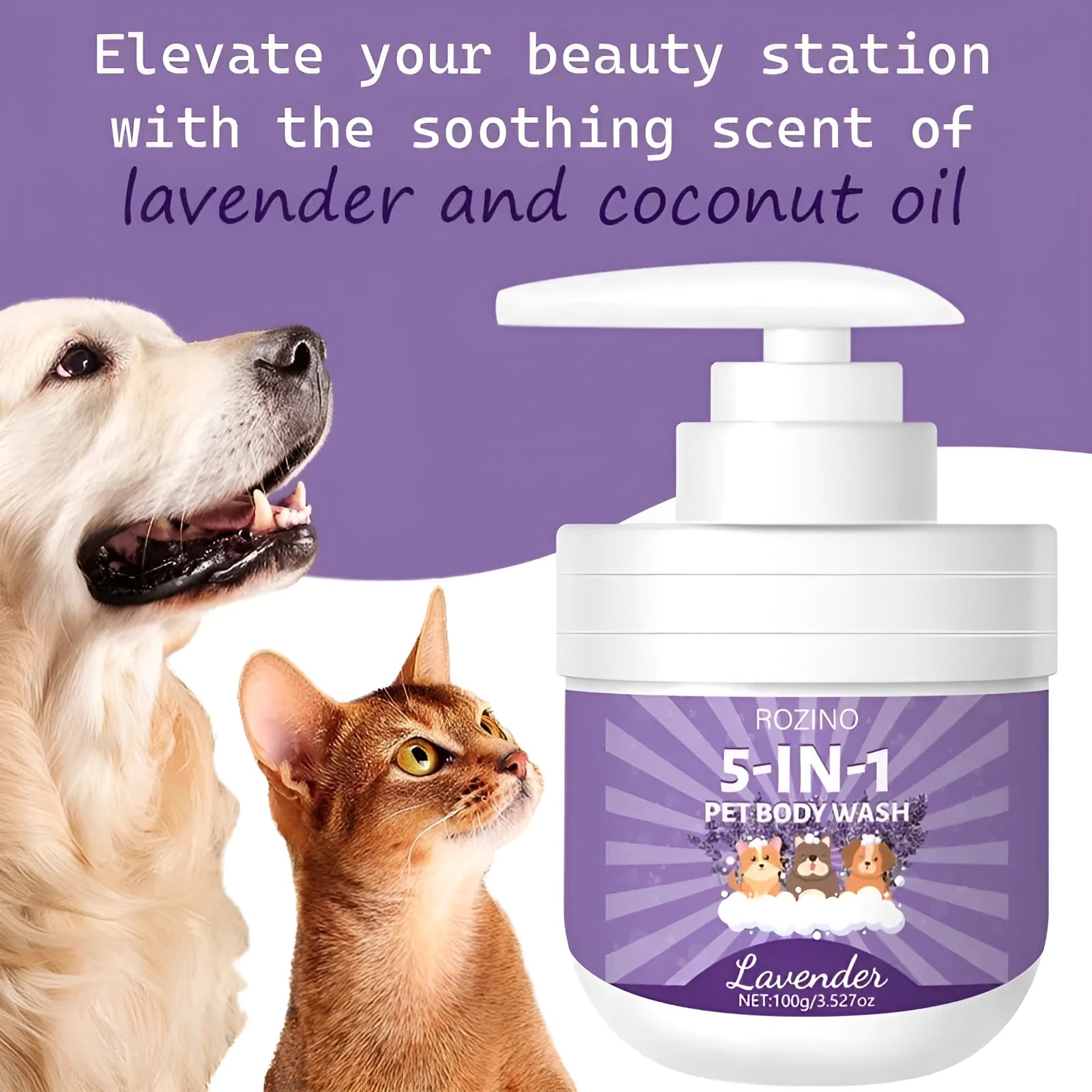 100g bottle of pet shower gel with sterilising and deodorising properties for dogs and cats