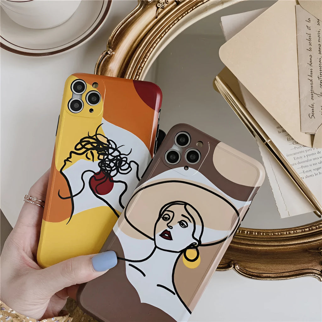Orange yellow iPhone case with cartoon line painting design for Apple iPhone models