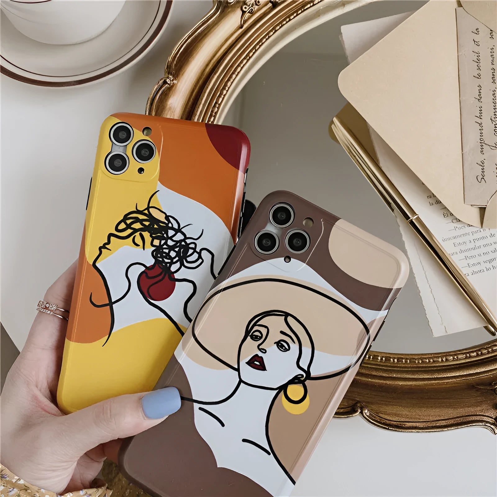 Orange yellow iPhone case with cartoon line painting design for Apple iPhone models