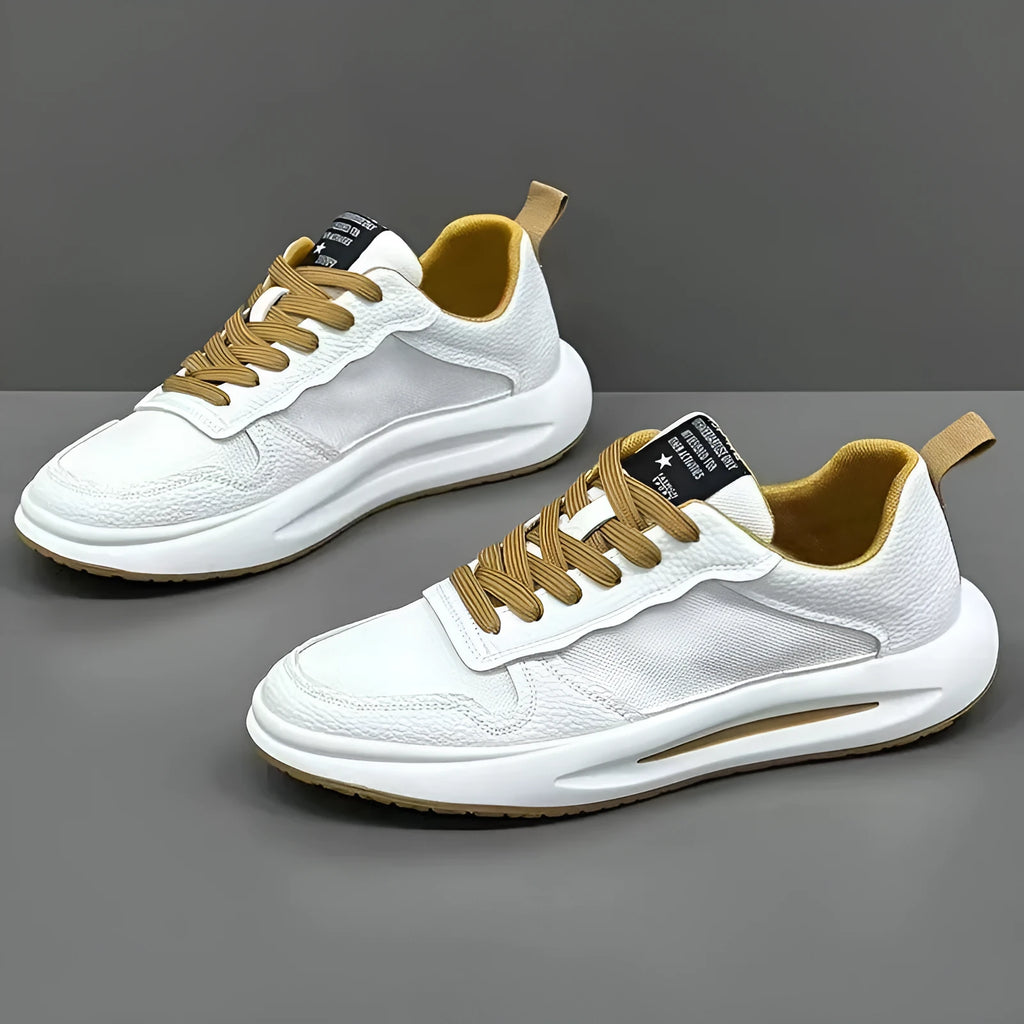 Men's breathable mesh casual shoes in white and yellow with rubber sole, size 39 to 43