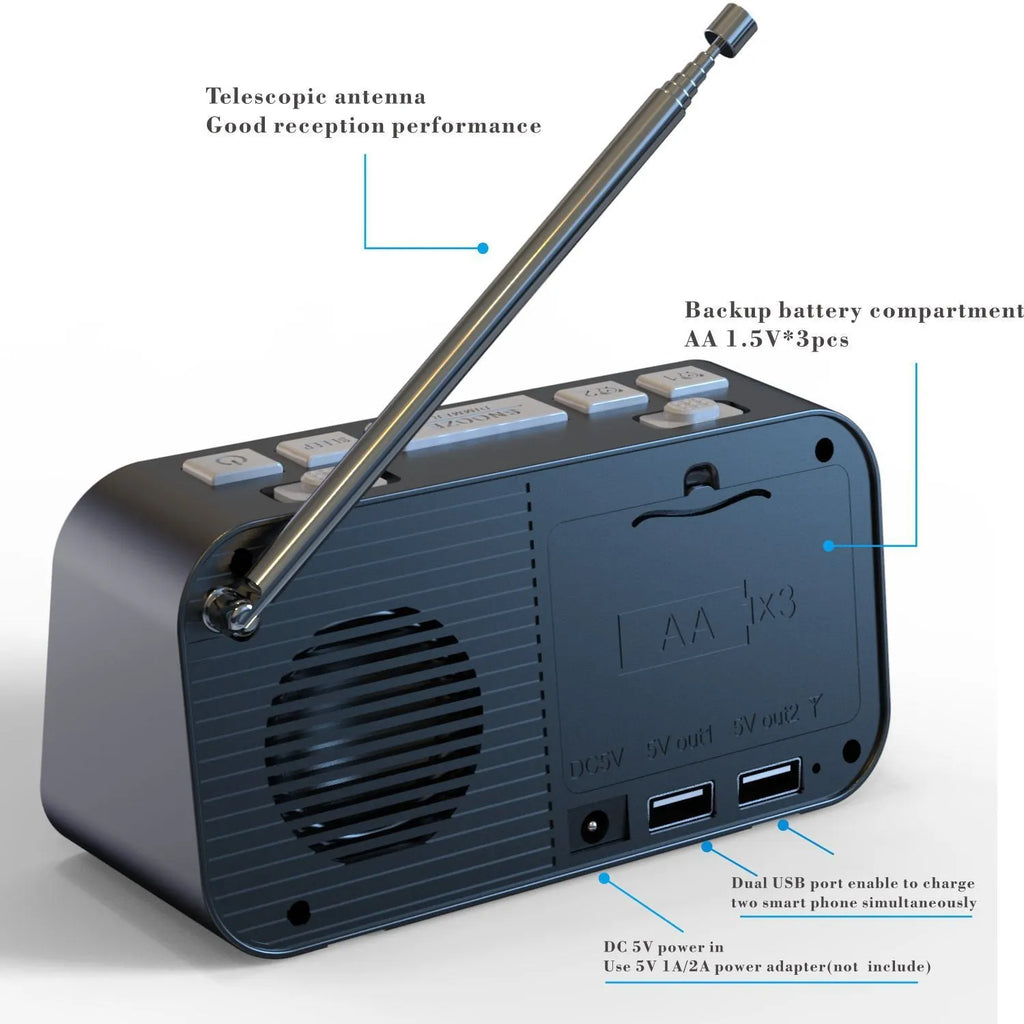 Black DAB bedside alarm clock with LED display, control buttons, pig tail antenna and USB ports