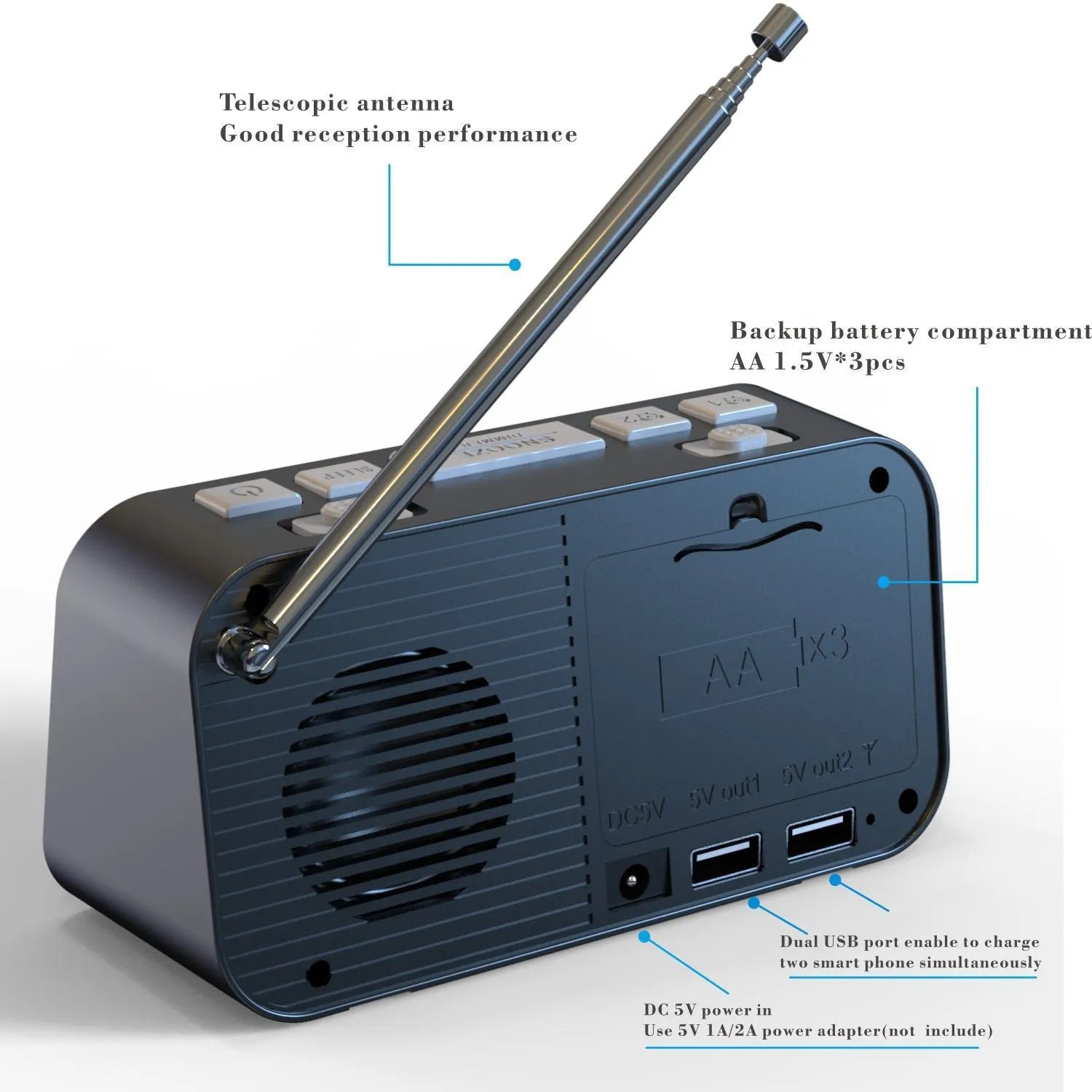 Black DAB bedside alarm clock with LED display, control buttons, pig tail antenna and USB ports
