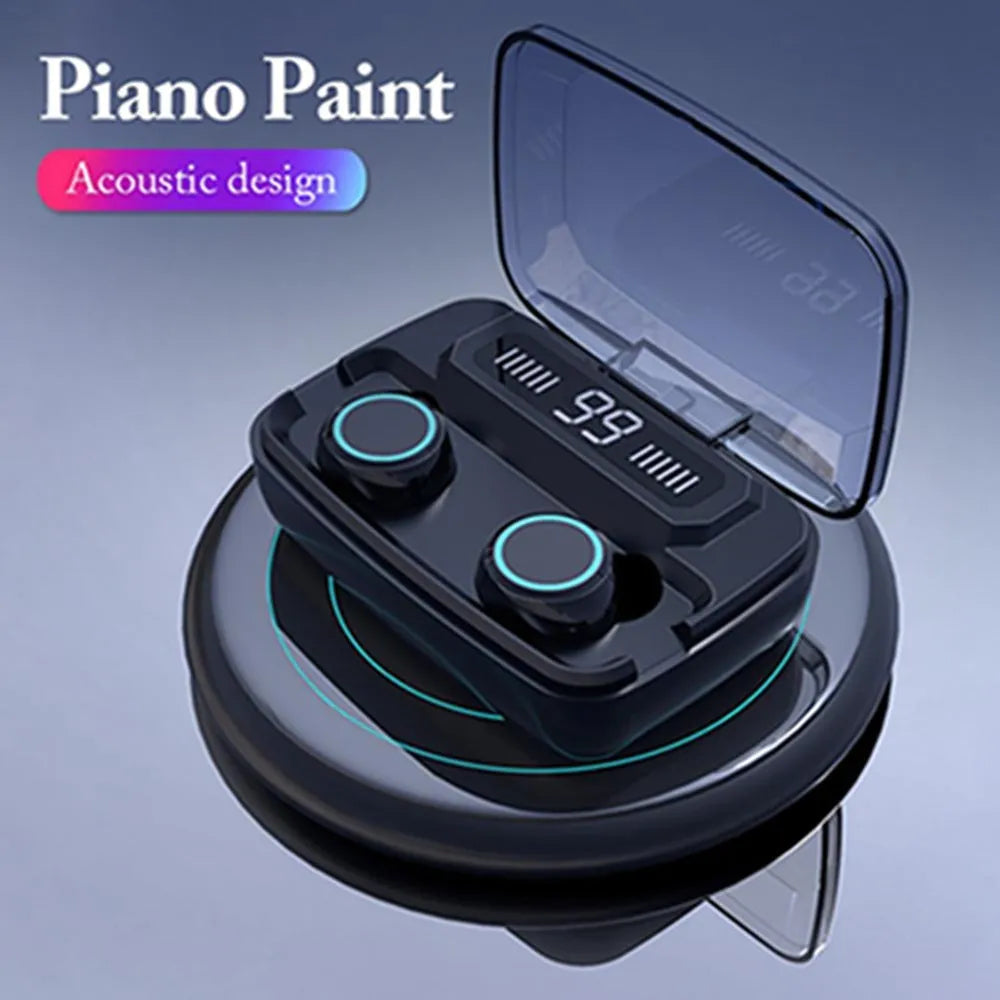 M11 5.0 Bluetooth headset in black with IPX7 waterproof rating and 1200mAh charging case