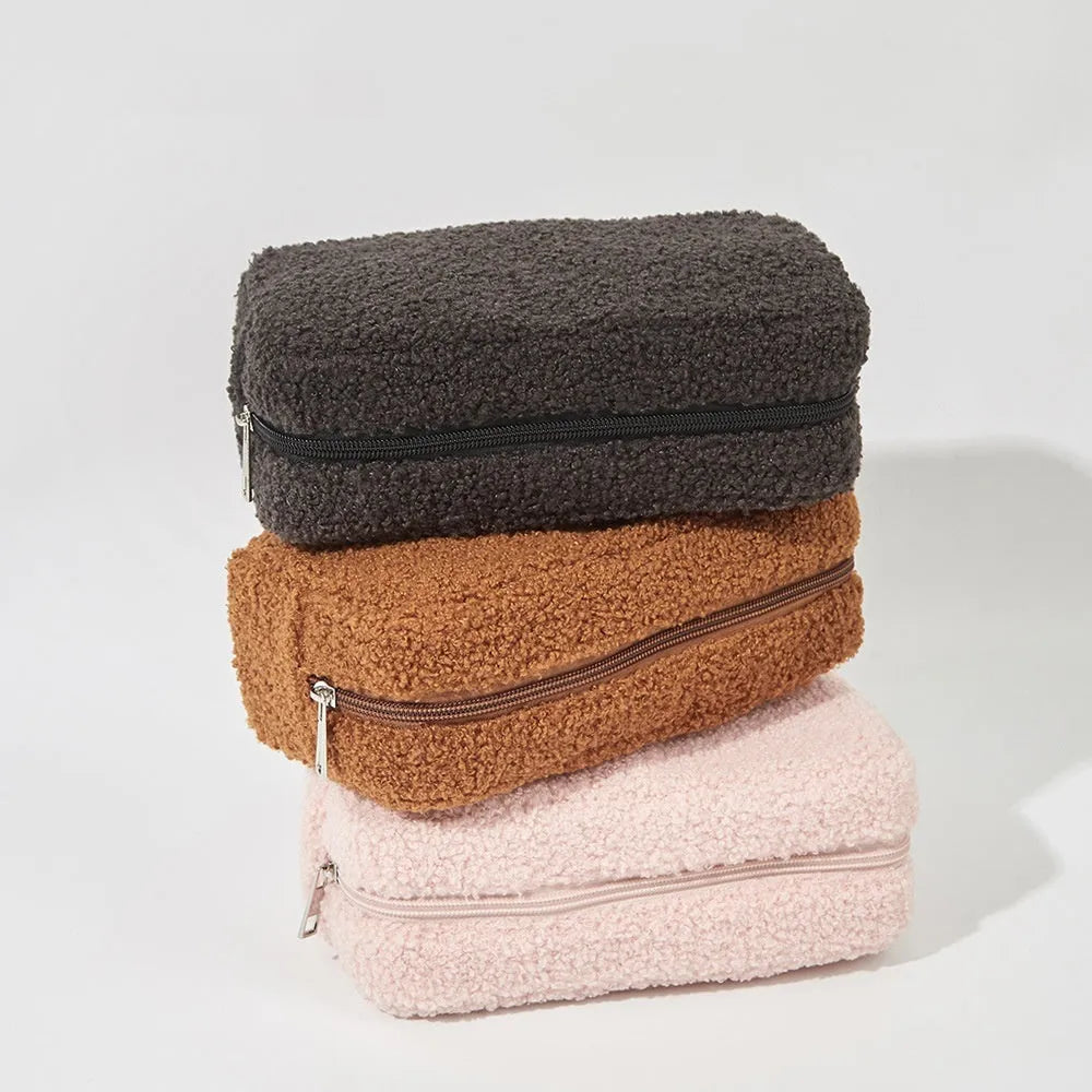 Large capacity velvet storage bag for cosmetics, teddy plush material, cube shape, pink colour, 23x8x12.7cm