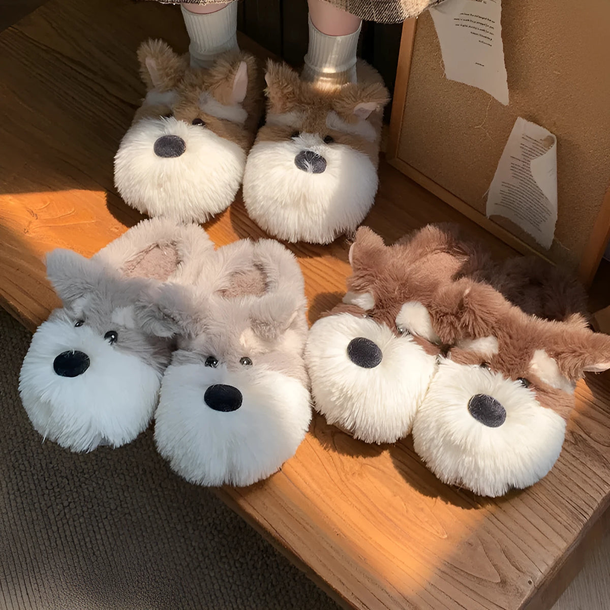 Cartoon Schnauzer puppy plush slippers for men and women flat heel indoor shoes