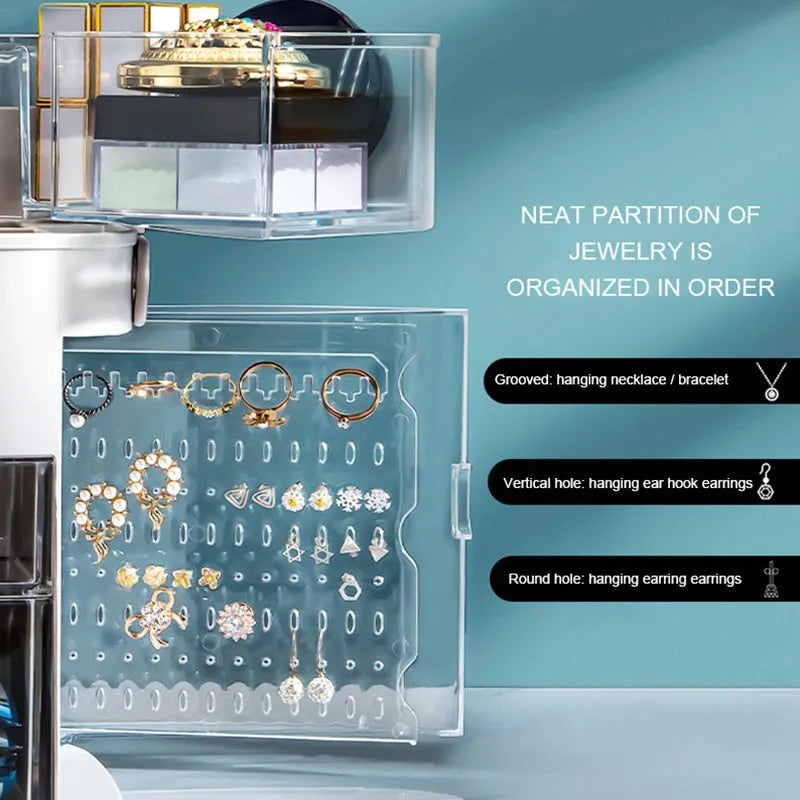 LED makeup organizer box with mirror and jewellery rack in PP and TPE, shown in apricot, grey, pink and white colour options
