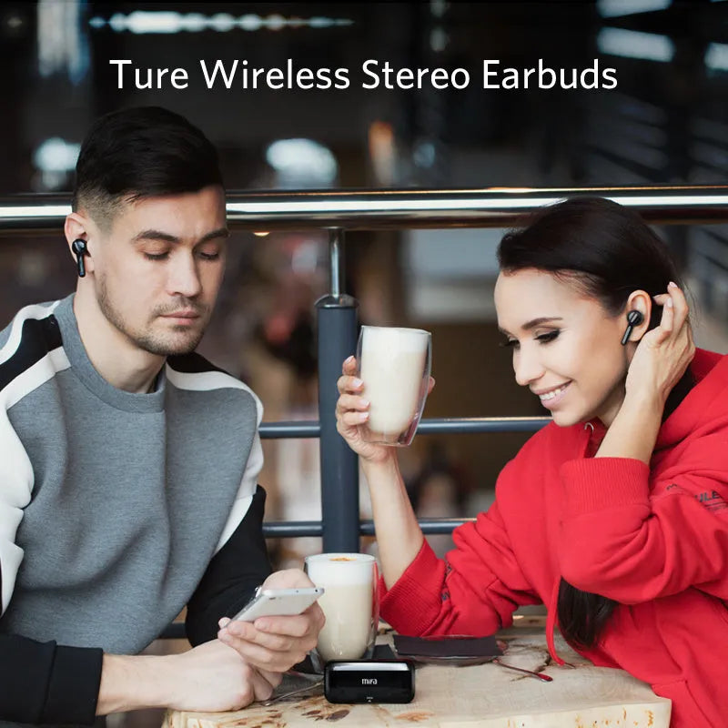 Black and white TWS wireless earbuds with Bluetooth 5.0 and IPX5 waterproof rating.
