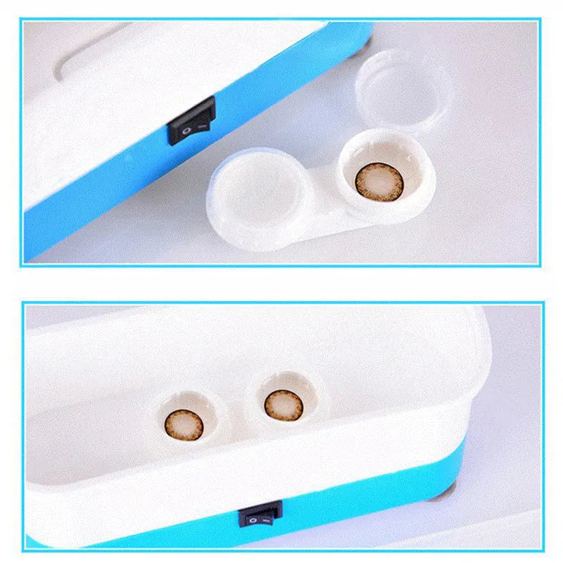 Analog ultrasonic cleaner in blue plastic casing with battery compartment and suction cups for cleaning glasses and contact lenses