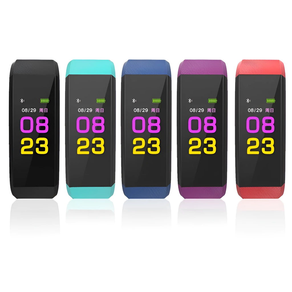 Screen Smart Wristband 115plus fitness tracker with colour LED touch screen on wrist showing heart rate