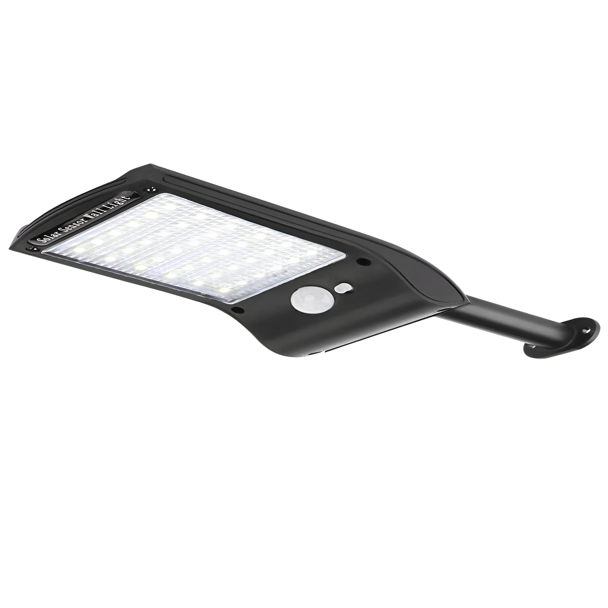 Black 36LED solar-powered wall light with a large sensor and a rotatable mounting pole.