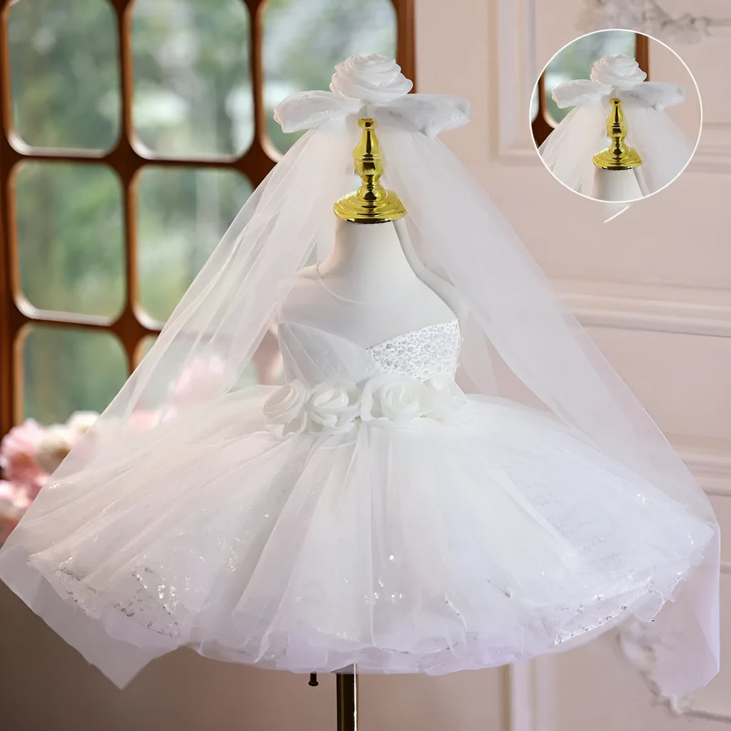 White polyester sleeveless princess dress for children's performances, round neck, full length