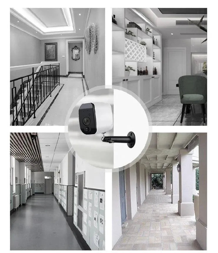 Solar powered wireless surveillance camera with 1080P lens and PIR motion sensor mounted outdoors