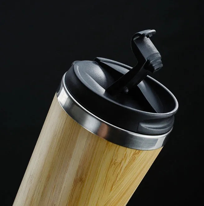 Bamboo travel coffee cup with double-wall insulation and leak-proof lid, 420ml capacity
