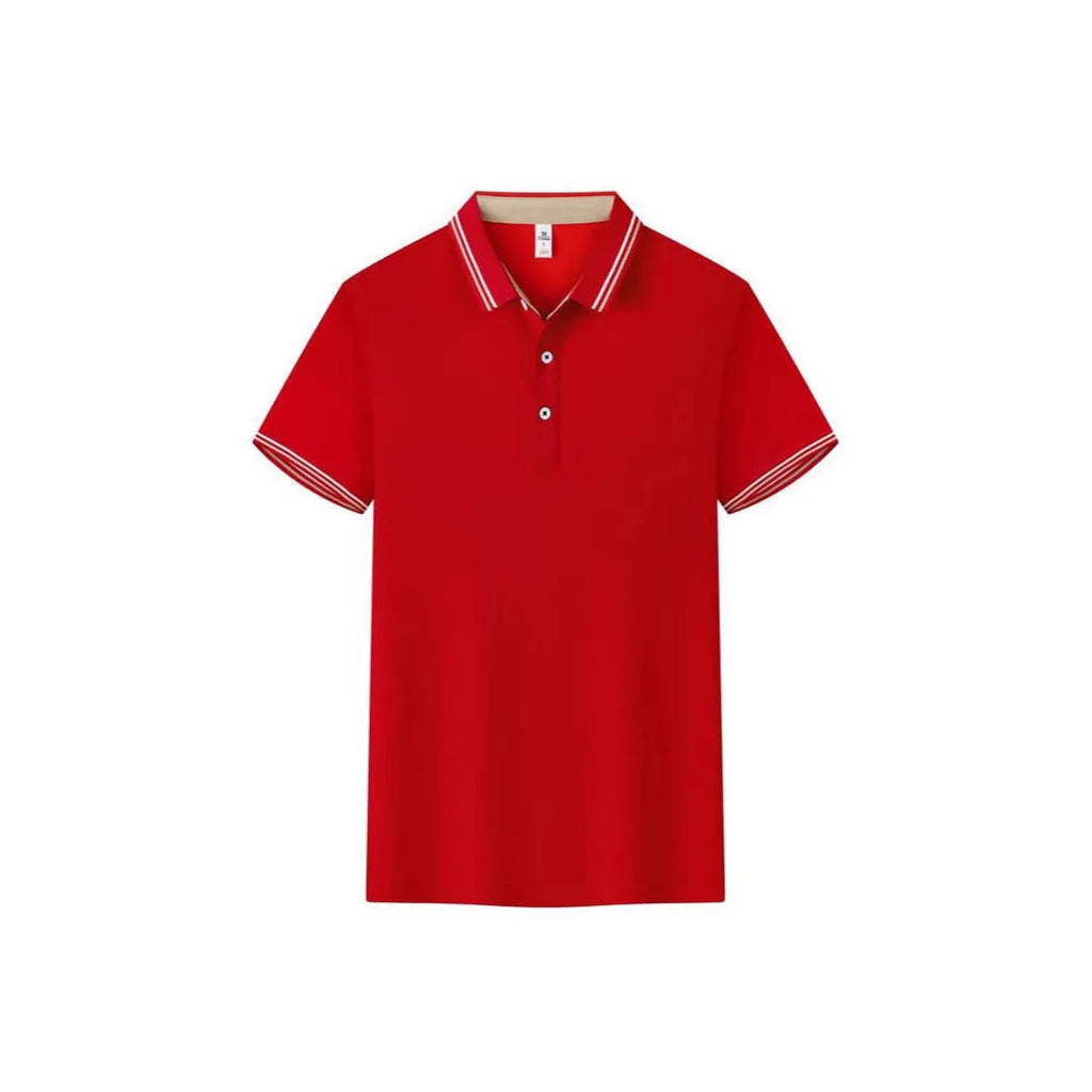 Slim fit cotton blend polo work shirt with collar and short sleeves on a hanger
