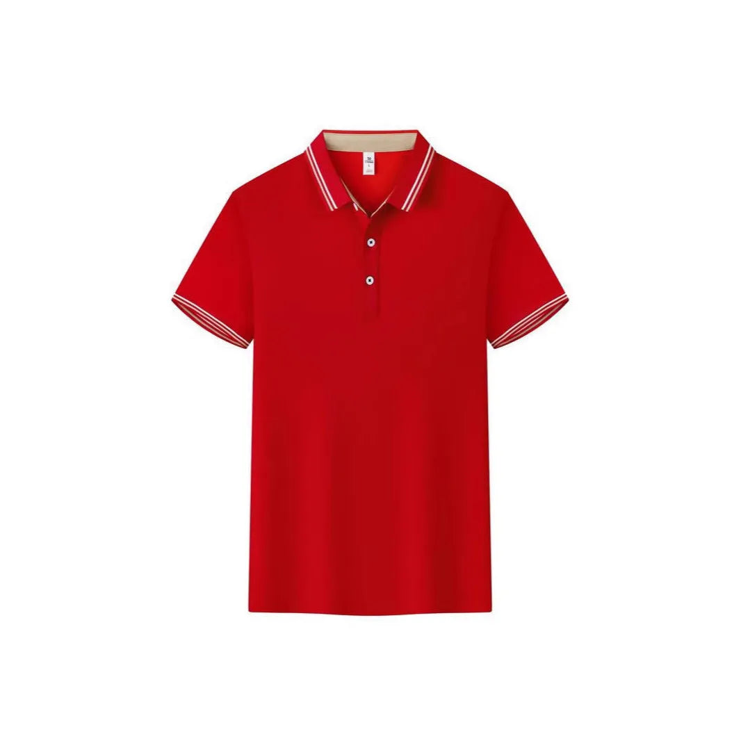 Slim fit cotton blend polo work shirt with collar and short sleeves on a hanger