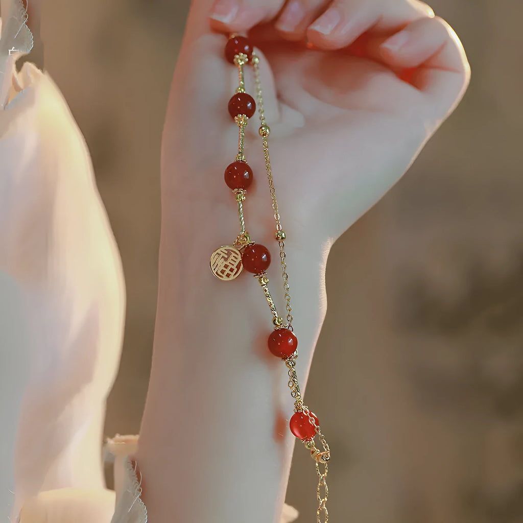 Red agate and alloy double-layer bracelet with horse blessing charm on adjustable band