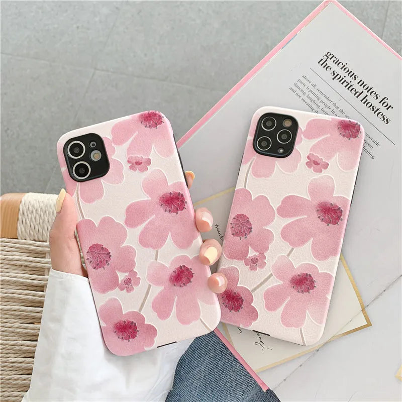 Pink floral soft rubber phone case for iPhone with lanyard hole