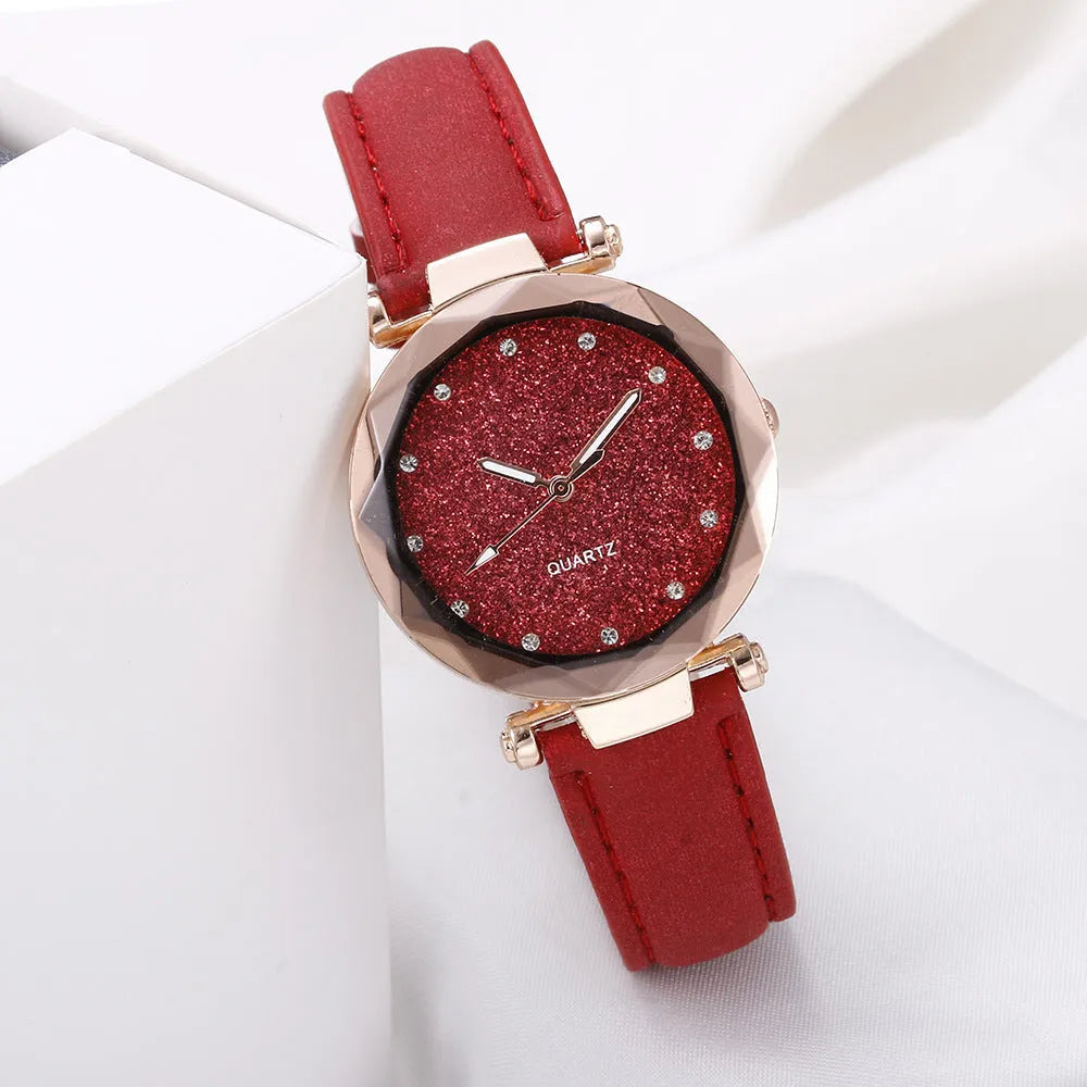 Starry watch with round 34mm dial, alloy case, imitation leather strap, and onion crown in a colour option