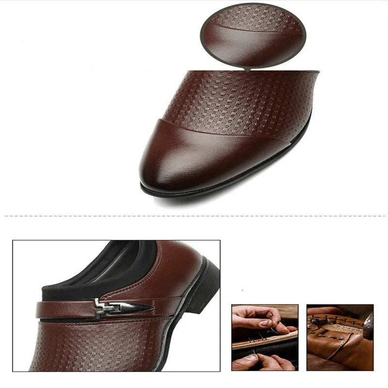 Men's black business formal PU leather shoes with non-slip rubber sole on a grey background