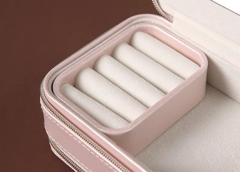 Portable travel jewelry box double-sided PU leather pearl velvet blue pink