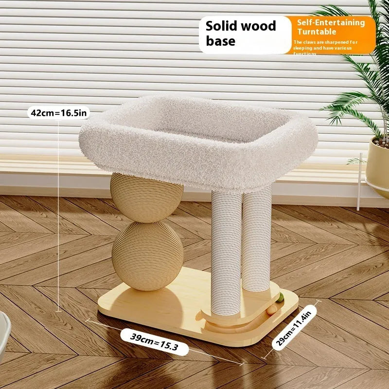 Pinewood frame cat nest with optional sisal scratching post or summer mat coverings.