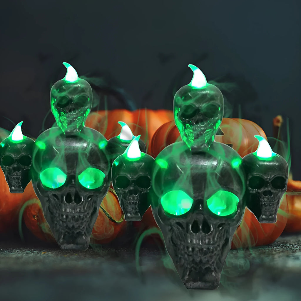 Halloween skull ornament with LED candle light in gold or silver, 14 x 12 x 9cm, flameless indoor decoration