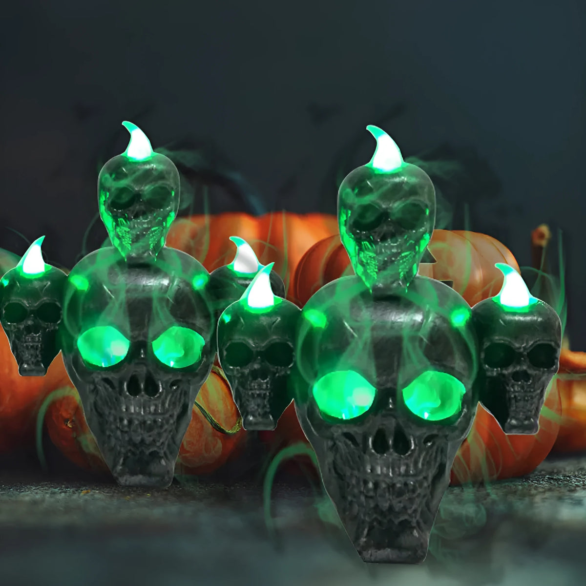 Halloween skull ornament with LED candle light in gold or silver, 14 x 12 x 9cm, flameless indoor decoration