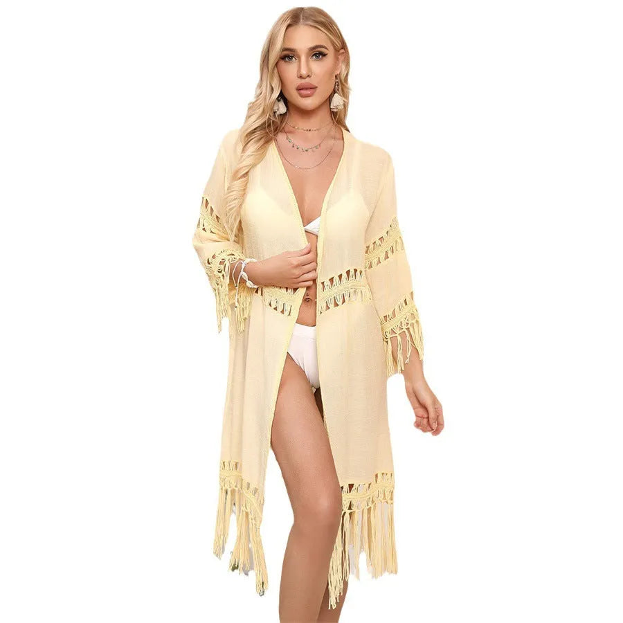 Hand-crocheted acrylic beach cover-up cardigan with tassel detailing in solid colour options