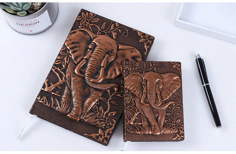 PU leather embossed retro notebook with Bronze relief cover showing beige inner pages