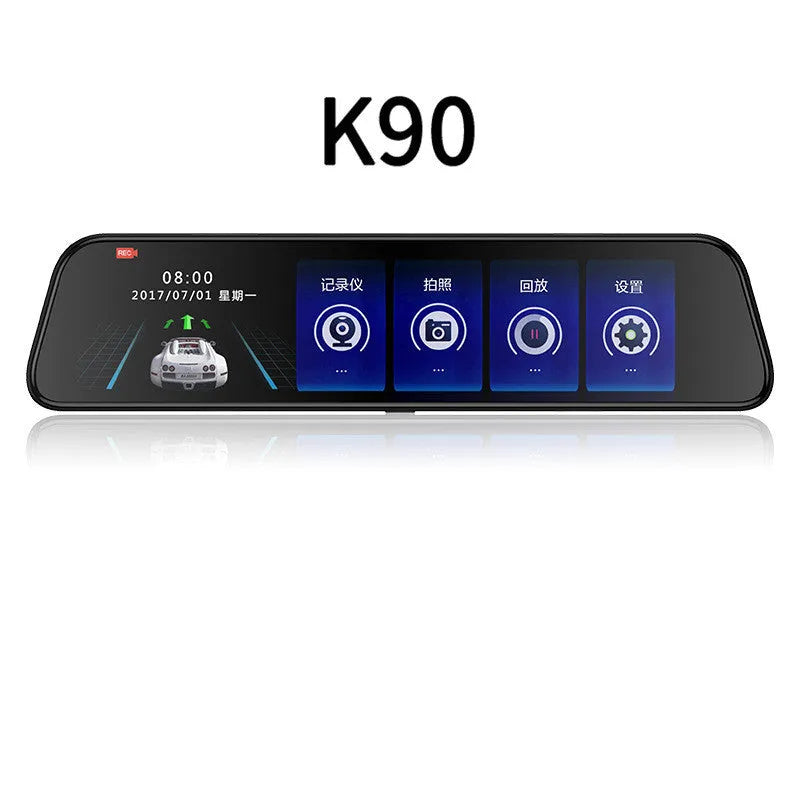 12-inch black rearview mirror dash cam mounted in vehicle with wide-angle lens