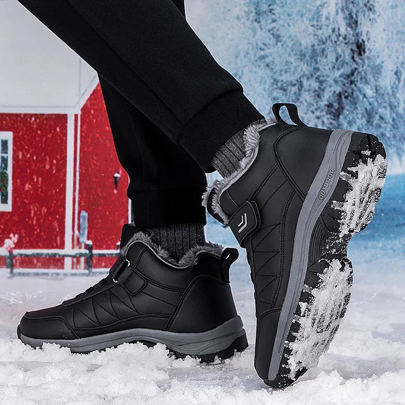 Men's high-top fleece-lined waterproof hiking shoes in solid colour YS9706 Black with front lace-up closure