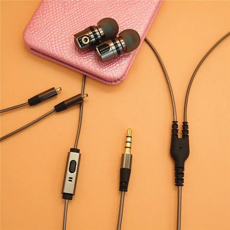 Titanium grey metal in-ear earphones with detachable aluminium foil TPE cable
