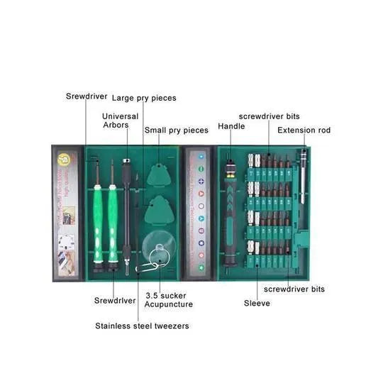 Screwdriver kit with S2 alloy bits in a compact storage case on a workbench