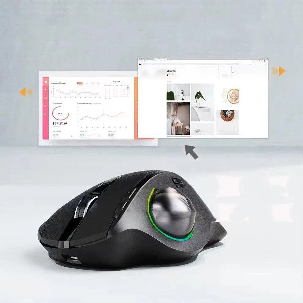 Black wireless trackball mouse with dual 2.4G and Bluetooth connectivity and luminous effect