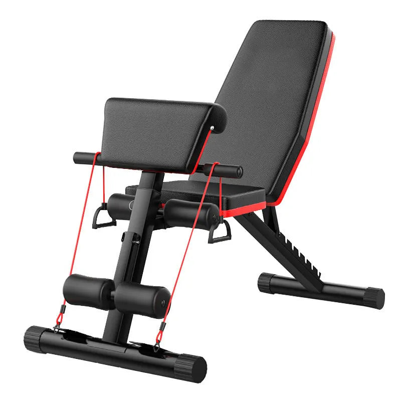 Home multi-function foldable incline fitness bench with metal frame and pull rope on plain background