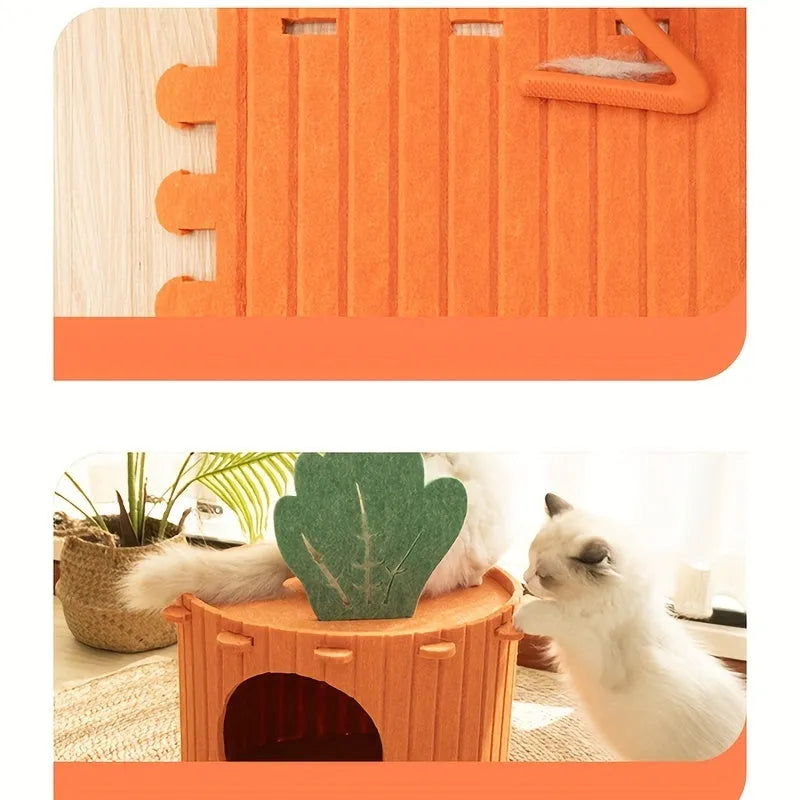 Orange carrot-shaped felt cat bed tunnel with entrance hole, shown in medium and large sizes.