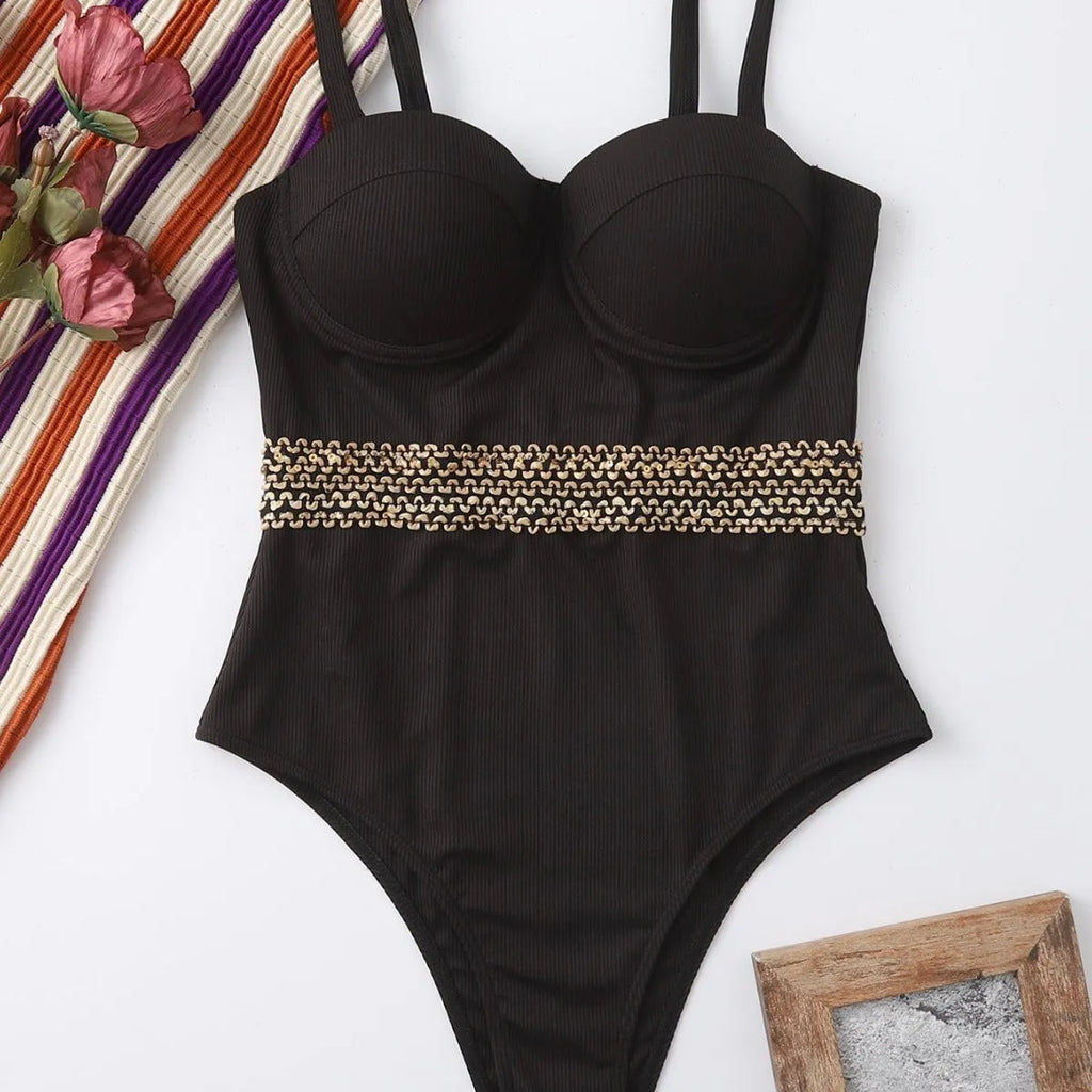 Black one-piece women's swimsuit with adjustable shoulder straps